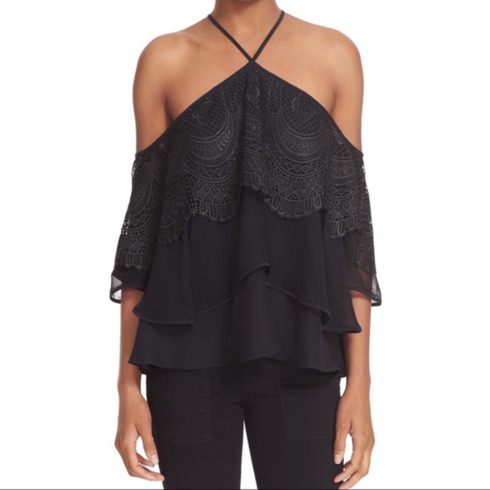 Cinq a Sept Fleur Tiered Lace Silk Black Top